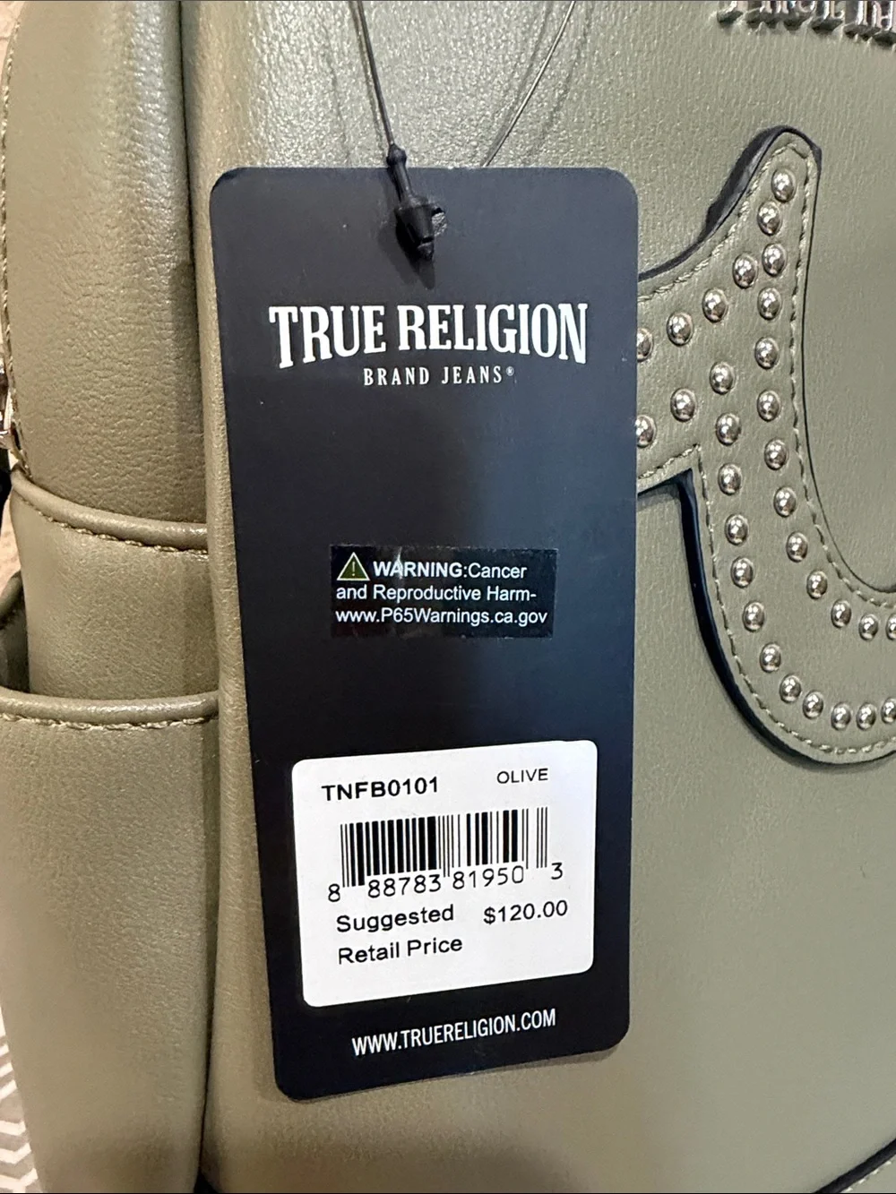 True Religion Olive Green Mini Backpack with Beige Top Handles